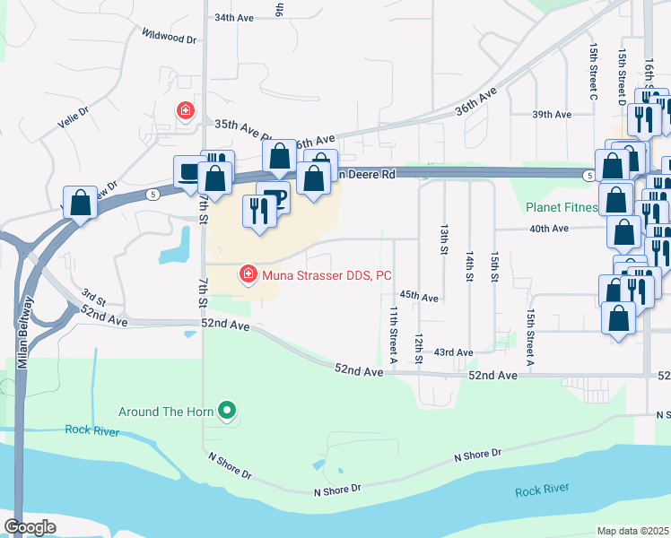 map of restaurants, bars, coffee shops, grocery stores, and more near 1029 Arbor Drive in Moline