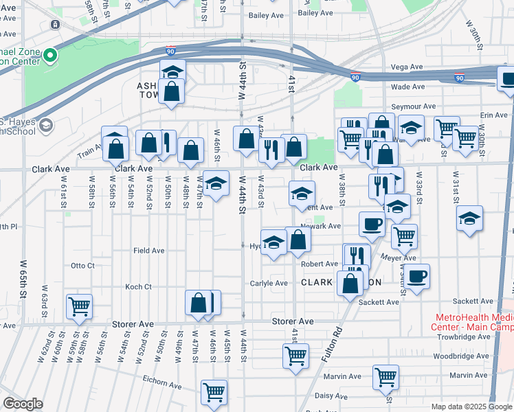 map of restaurants, bars, coffee shops, grocery stores, and more near 4301 Trent Avenue in Cleveland