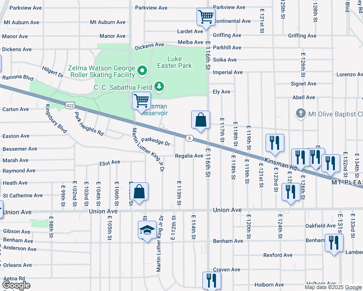 map of restaurants, bars, coffee shops, grocery stores, and more near 3356 East 112th Street in Cleveland