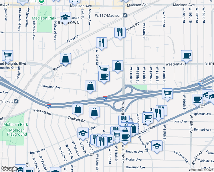 map of restaurants, bars, coffee shops, grocery stores, and more near 3100 West 117th Street in Cleveland