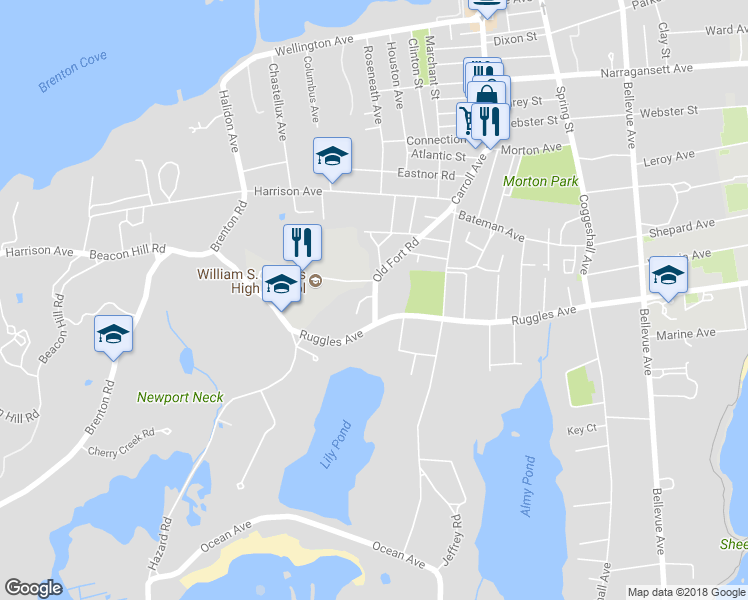 map of restaurants, bars, coffee shops, grocery stores, and more near 111 Old Fort Road in Newport