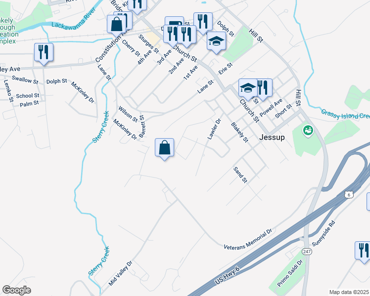 map of restaurants, bars, coffee shops, grocery stores, and more near 90 Lawler Drive in Jessup
