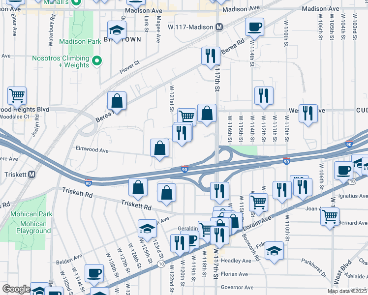 map of restaurants, bars, coffee shops, grocery stores, and more near 3100 West 117th Street in Cleveland