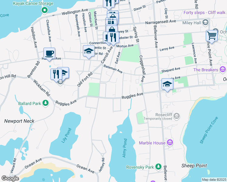 map of restaurants, bars, coffee shops, grocery stores, and more near 12 Shields Street in Newport