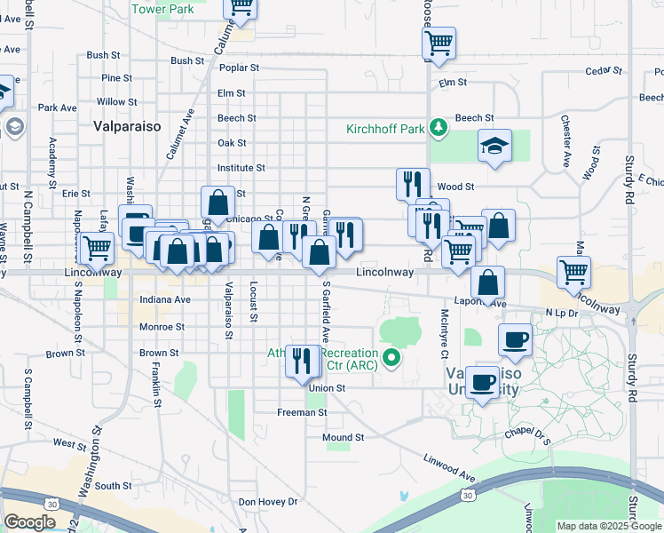 map of restaurants, bars, coffee shops, grocery stores, and more near 807 Laporte Avenue in Valparaiso