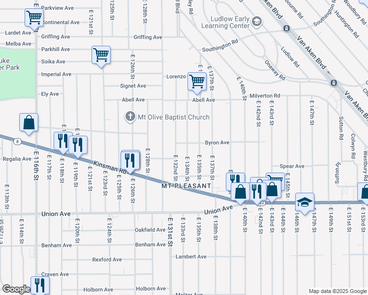map of restaurants, bars, coffee shops, grocery stores, and more near 3363 East 134th Street in Cleveland