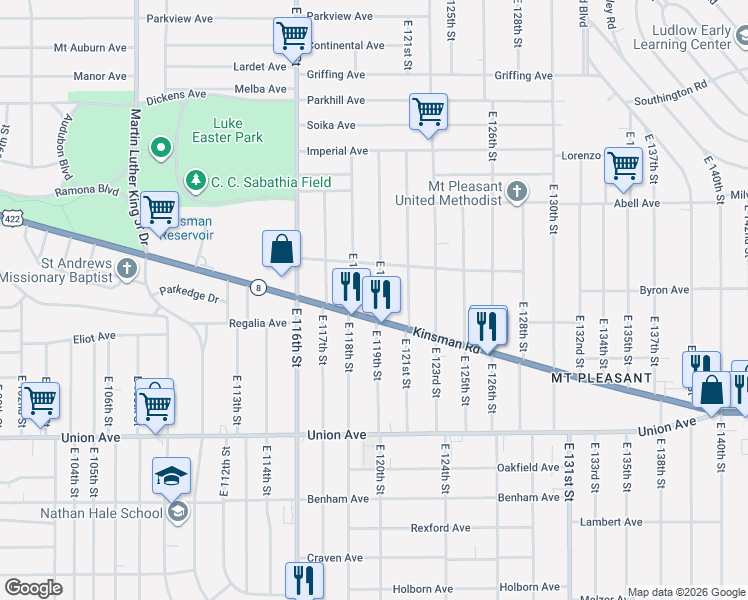 map of restaurants, bars, coffee shops, grocery stores, and more near 11811 Kinsman Road in Cleveland