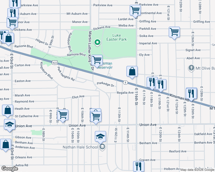 map of restaurants, bars, coffee shops, grocery stores, and more near 3355 Martin Luther King Junior Drive in Cleveland