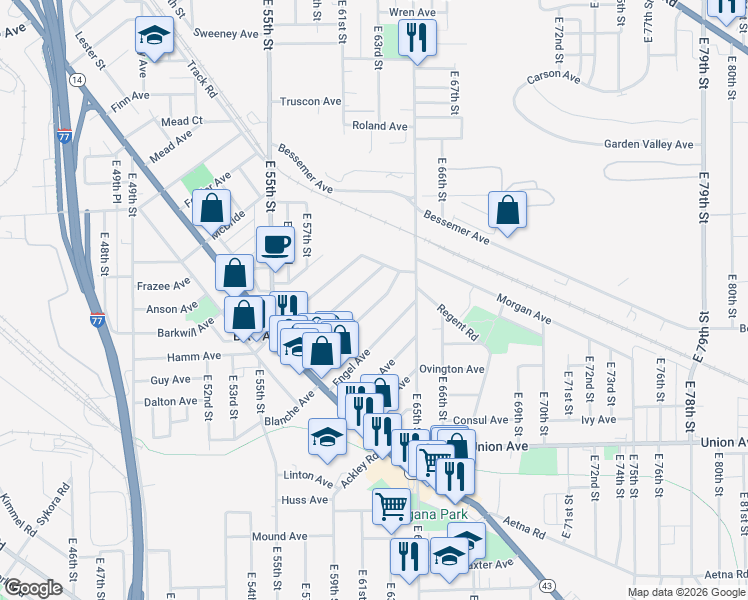 map of restaurants, bars, coffee shops, grocery stores, and more near 6003 Engel Avenue in Cleveland