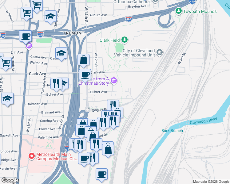 map of restaurants, bars, coffee shops, grocery stores, and more near 1078 Holmden Avenue in Cleveland
