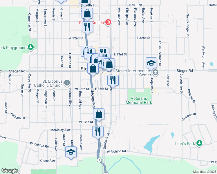 map of restaurants, bars, coffee shops, grocery stores, and more near 3508 Union Avenue in Steger