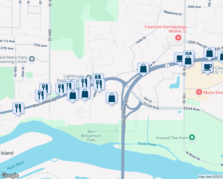 map of restaurants, bars, coffee shops, grocery stores, and more near 47th Avenue Court in Rock Island