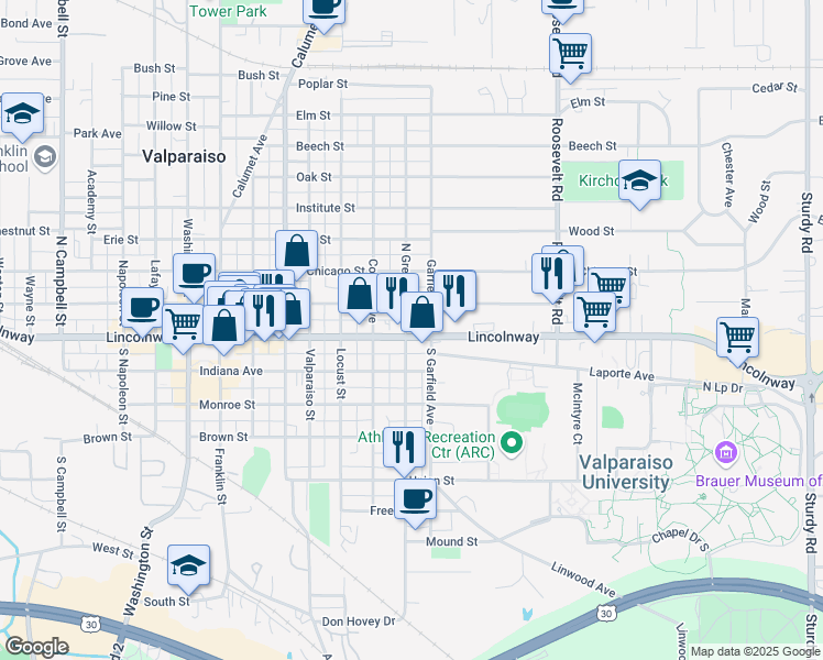 map of restaurants, bars, coffee shops, grocery stores, and more near 702 East Lincolnway in Valparaiso