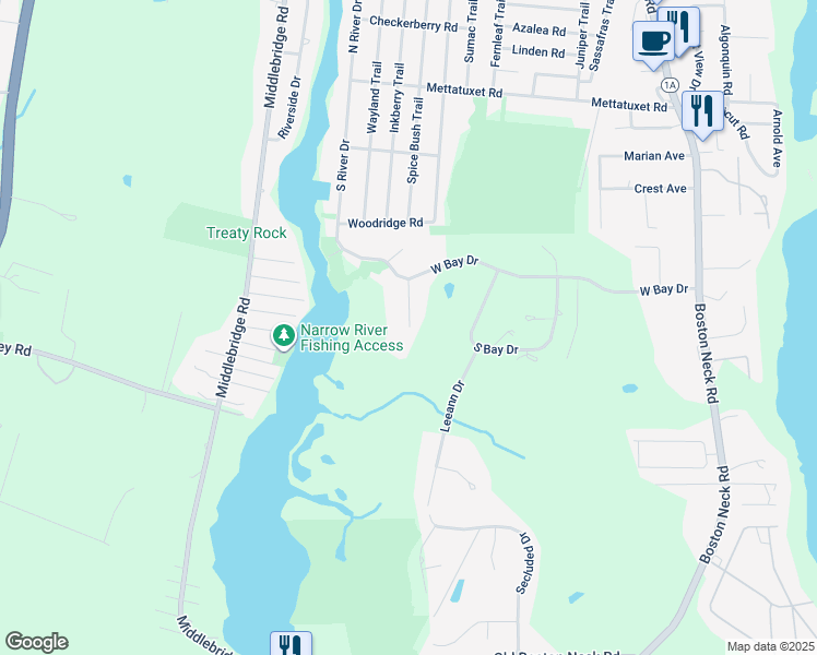 map of restaurants, bars, coffee shops, grocery stores, and more near 36 Denison Drive in Narragansett