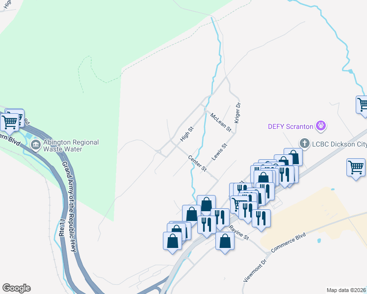 map of restaurants, bars, coffee shops, grocery stores, and more near 516 Center Street in Scranton