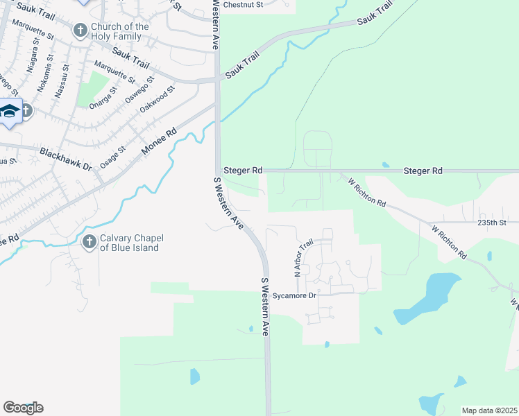 map of restaurants, bars, coffee shops, grocery stores, and more near 23451 Western Avenue in Park Forest