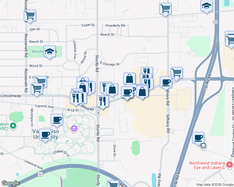 map of restaurants, bars, coffee shops, grocery stores, and more near 2109 Laporte Avenue in Valparaiso