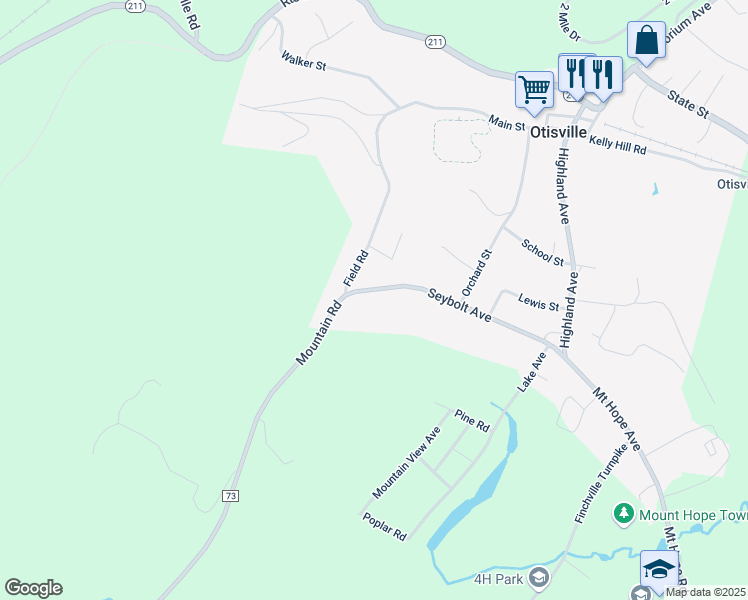 map of restaurants, bars, coffee shops, grocery stores, and more near 2340 Mountain Road in Otisville