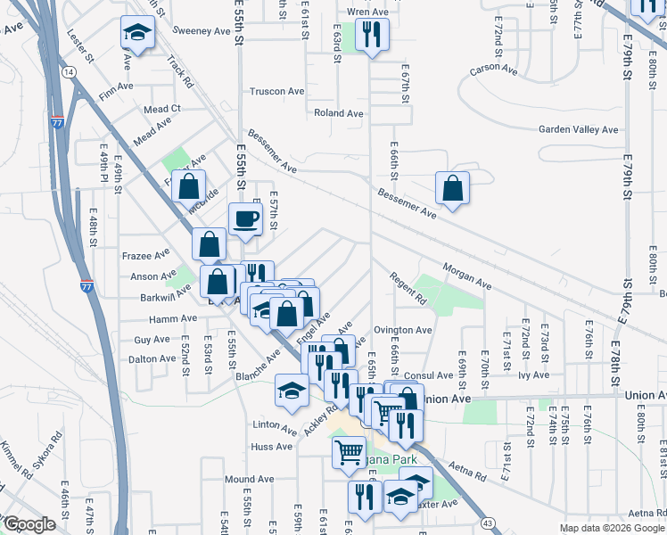 map of restaurants, bars, coffee shops, grocery stores, and more near 6003 Engel Avenue in Cleveland
