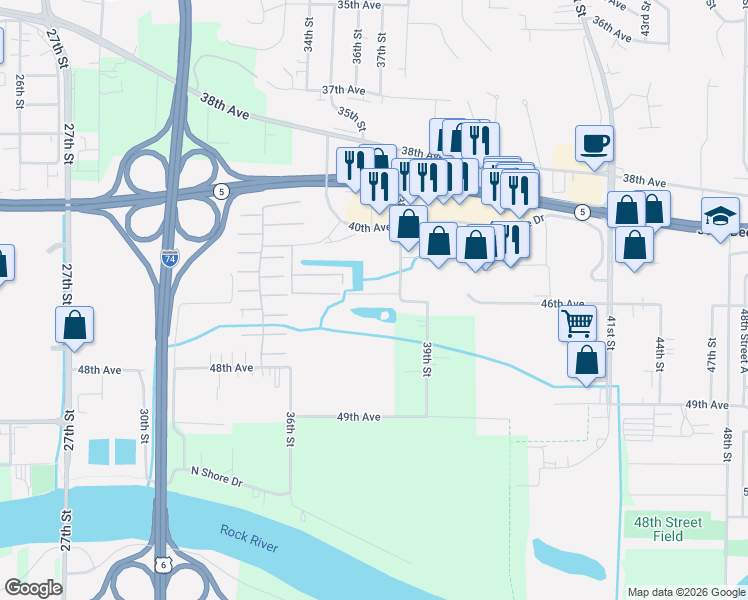 map of restaurants, bars, coffee shops, grocery stores, and more near 3728 42nd Ave in Moline