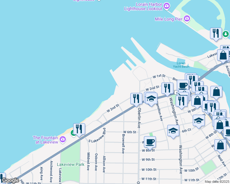 map of restaurants, bars, coffee shops, grocery stores, and more near 1232 West 2nd Street in Lorain