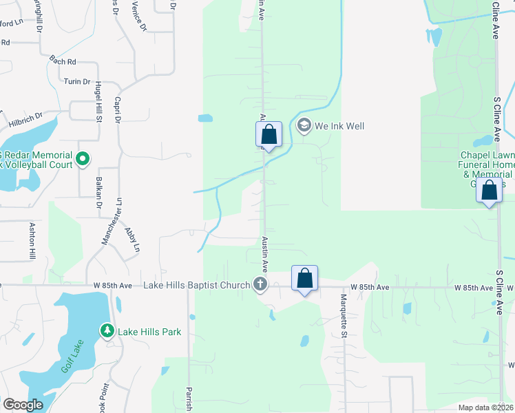 map of restaurants, bars, coffee shops, grocery stores, and more near 8224 Austin Avenue in Schererville