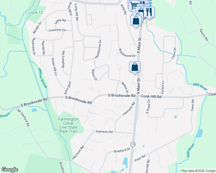 map of restaurants, bars, coffee shops, grocery stores, and more near 130 South Brooksvale Road in Cheshire