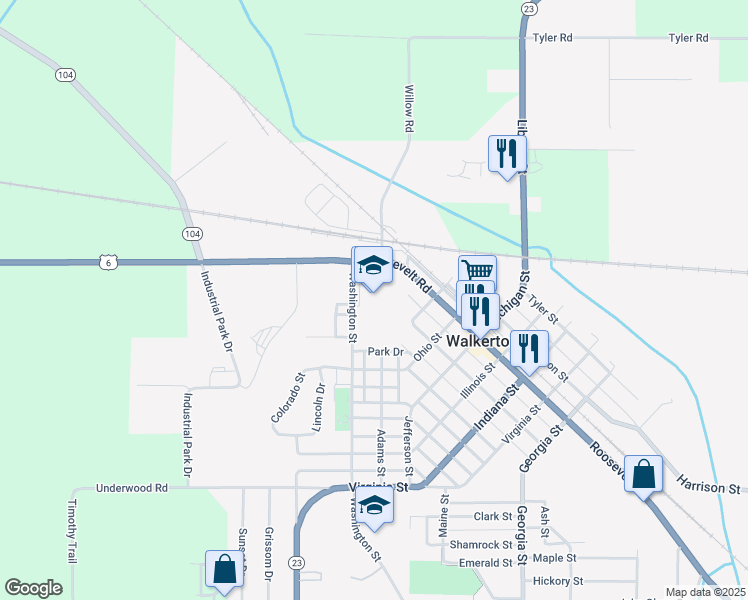map of restaurants, bars, coffee shops, grocery stores, and more near 407 Washington Street in Walkerton