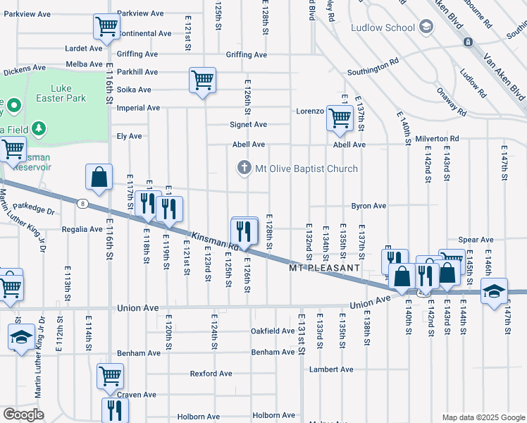 map of restaurants, bars, coffee shops, grocery stores, and more near 3361 East 126th Street in Cleveland