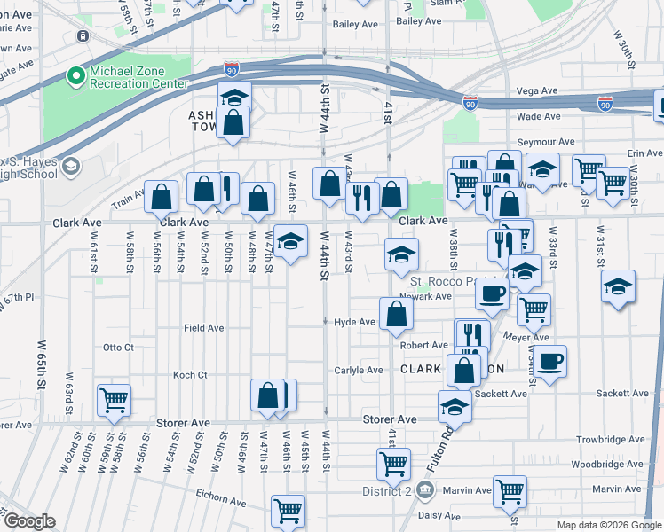 map of restaurants, bars, coffee shops, grocery stores, and more near 4301 Trent Avenue in Cleveland