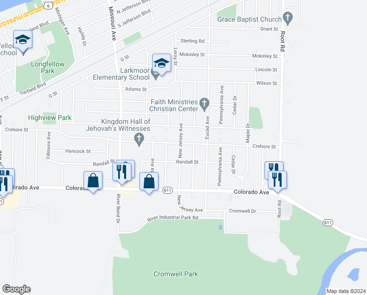 map of restaurants, bars, coffee shops, grocery stores, and more near 1507 New Jersey Avenue in Lorain