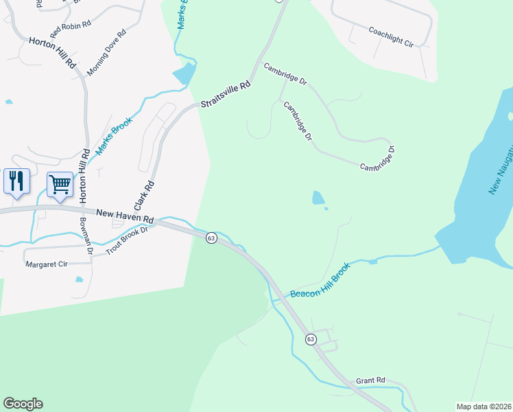map of restaurants, bars, coffee shops, grocery stores, and more near 1144 Amity Road in Bethany