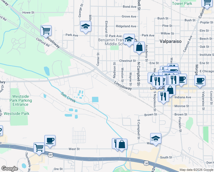 map of restaurants, bars, coffee shops, grocery stores, and more near 855 Kinsey Street in Valparaiso