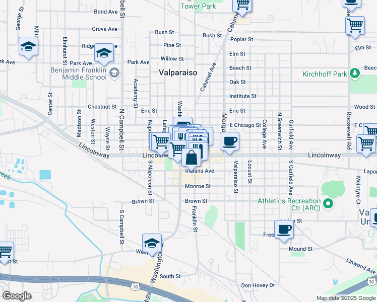 map of restaurants, bars, coffee shops, grocery stores, and more near 75 Franklin Street in Valparaiso