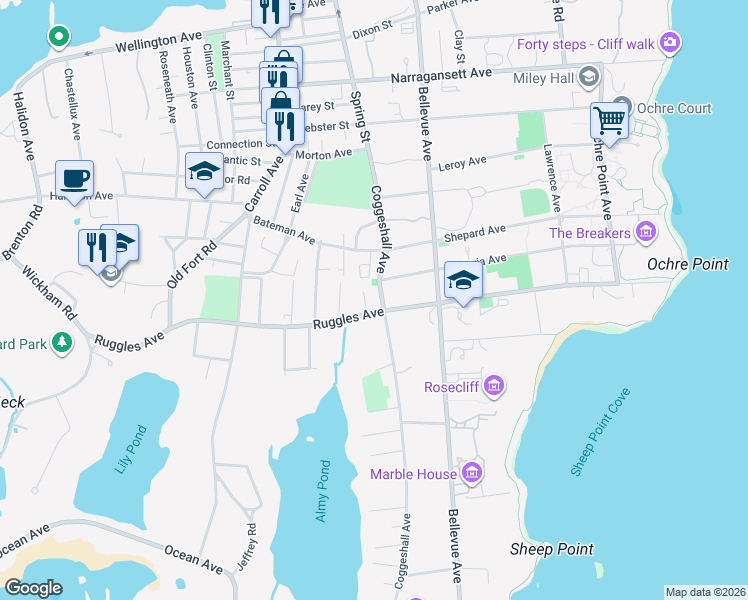 map of restaurants, bars, coffee shops, grocery stores, and more near 167 Ruggles Avenue in Newport