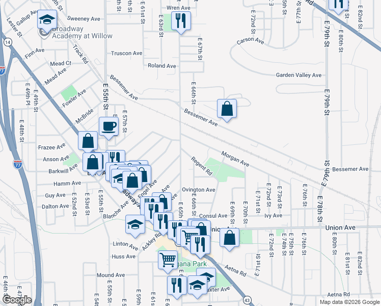 map of restaurants, bars, coffee shops, grocery stores, and more near 3343 East 65th Street in Cleveland