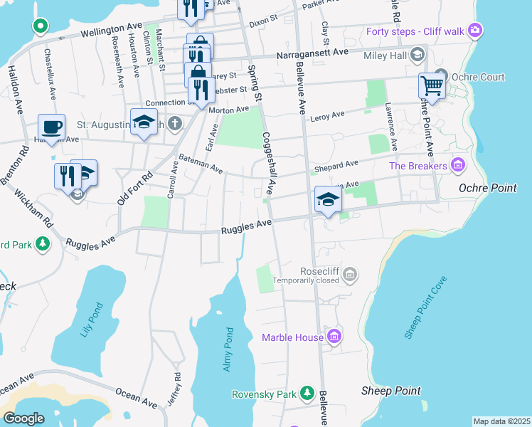 map of restaurants, bars, coffee shops, grocery stores, and more near 167 Ruggles Avenue in Newport