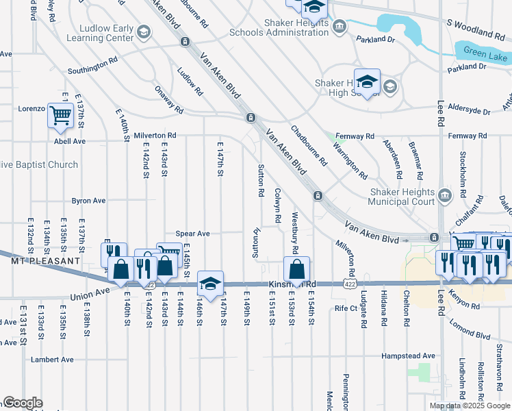 map of restaurants, bars, coffee shops, grocery stores, and more near 3383 Sutton Road in Shaker Heights