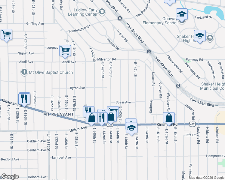 map of restaurants, bars, coffee shops, grocery stores, and more near 3381 East 143rd Street in Cleveland