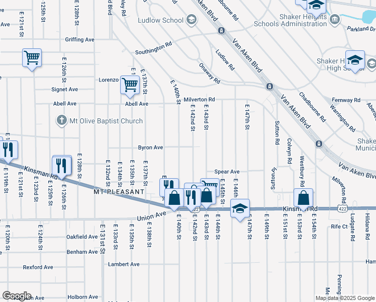 map of restaurants, bars, coffee shops, grocery stores, and more near 3383 East 142nd Street in Cleveland