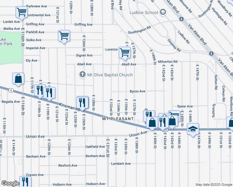 map of restaurants, bars, coffee shops, grocery stores, and more near 3363 East 134th Street in Cleveland