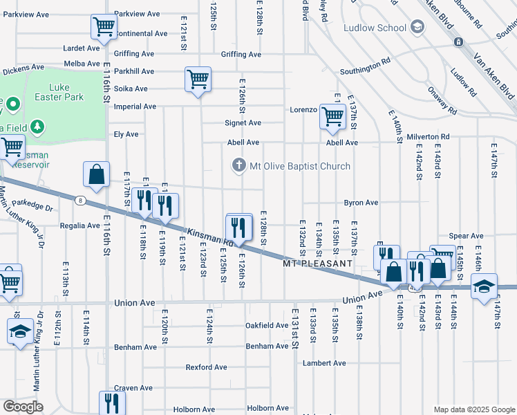 map of restaurants, bars, coffee shops, grocery stores, and more near 3361 East 126th Street in Cleveland