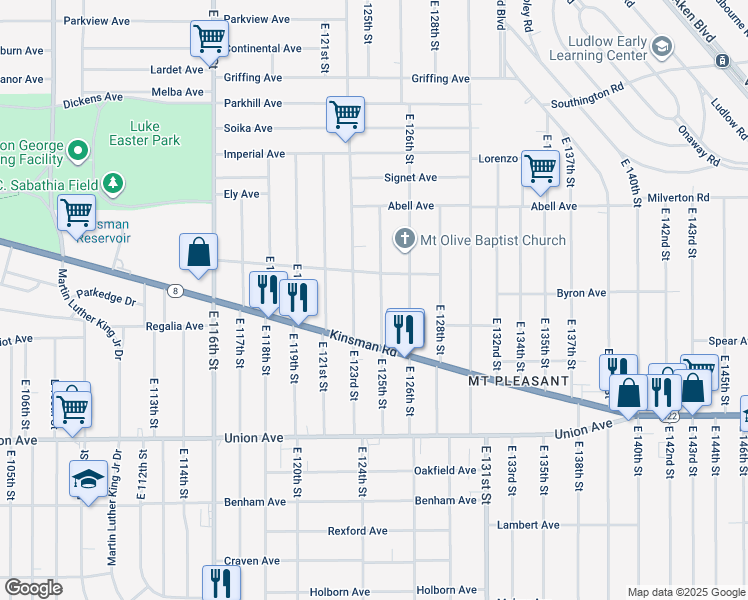 map of restaurants, bars, coffee shops, grocery stores, and more near 3355 East 125th Street in Cleveland