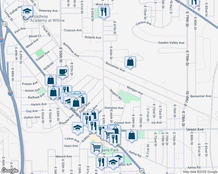 map of restaurants, bars, coffee shops, grocery stores, and more near 3343 East 65th Street in Cleveland