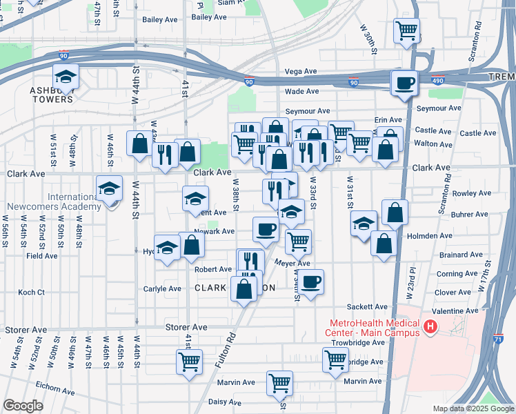 map of restaurants, bars, coffee shops, grocery stores, and more near 3615 Trent Avenue in Cleveland