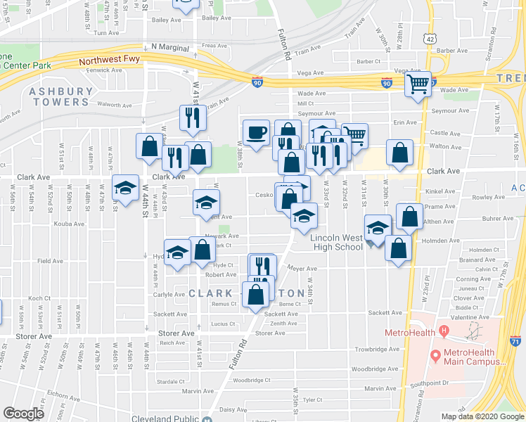 map of restaurants, bars, coffee shops, grocery stores, and more near 3615 Trent Avenue in Cleveland