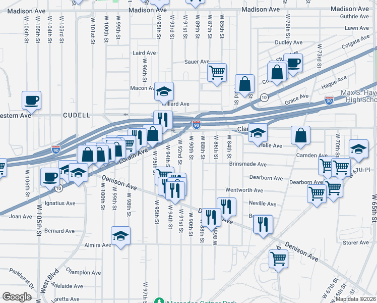map of restaurants, bars, coffee shops, grocery stores, and more near 3169 West 90th Street in Cleveland