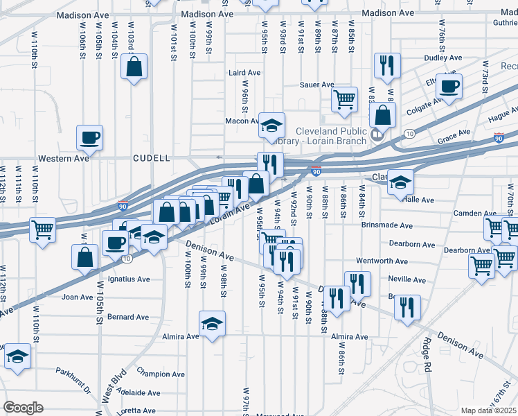 map of restaurants, bars, coffee shops, grocery stores, and more near 3167 West 95th Street in Cleveland