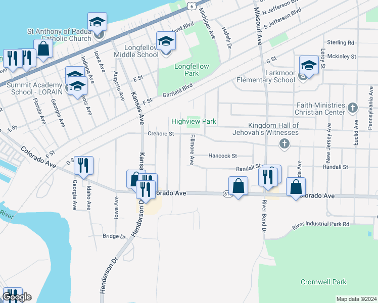 map of restaurants, bars, coffee shops, grocery stores, and more near 1551 Maryland Avenue in Lorain