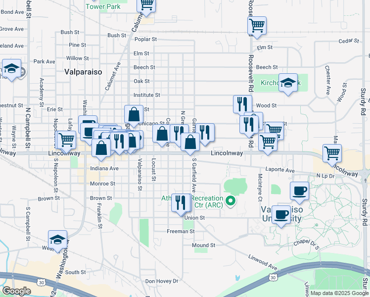 map of restaurants, bars, coffee shops, grocery stores, and more near 702 East Lincolnway in Valparaiso